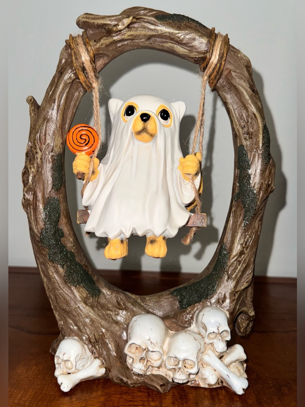 Cute 🥰 Halloween Ghost Dog Puppy Swing Figurine Skull Tree Spooky Decor 9.5"